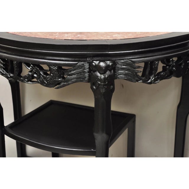 Mid 20th Century Vintage Chinese Chinoiserie Black Demilune Pink Marble Console Table - A Pair For Sale - Image 5 of 11