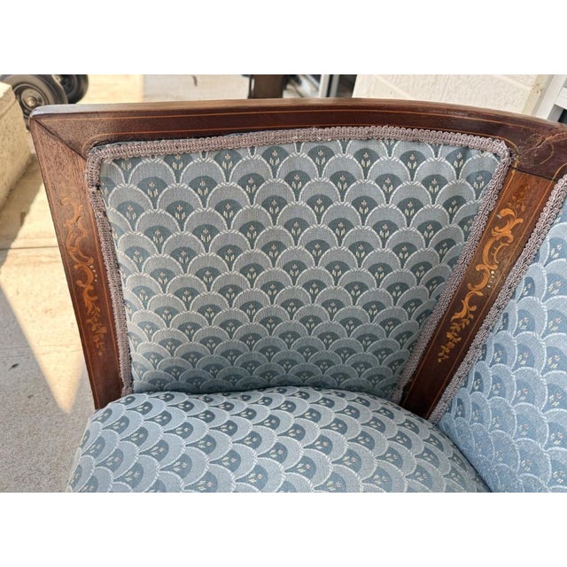 Blue Early 20th Century Inlaid Barrel Back Chair With Scalloped Blue Upholstery For Sale - Image 8 of 14