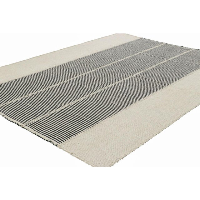 Rug & Kilim Rug & Kilim’s Contemporary Kilim With Black and Cream White Textural Stripes For Sale - Image 4 of 7