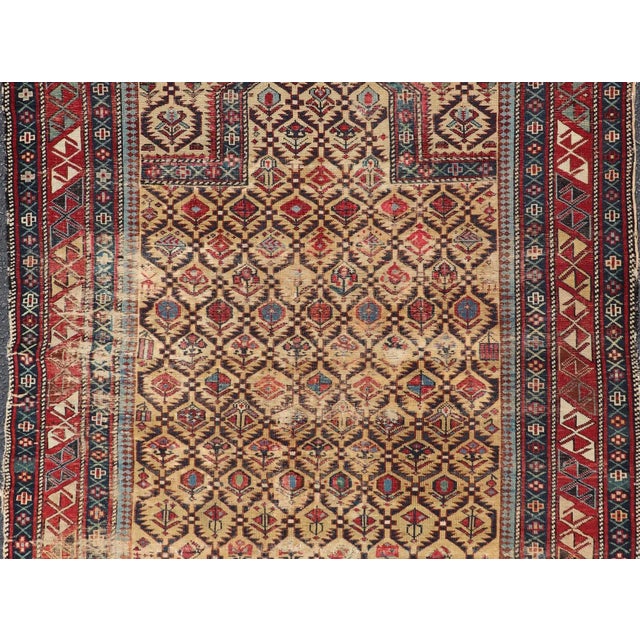 Early 20th Century Antique Shirvan Prayer Design Rug in Yellow Background and Geometric Borders For Sale - Image 9 of 11