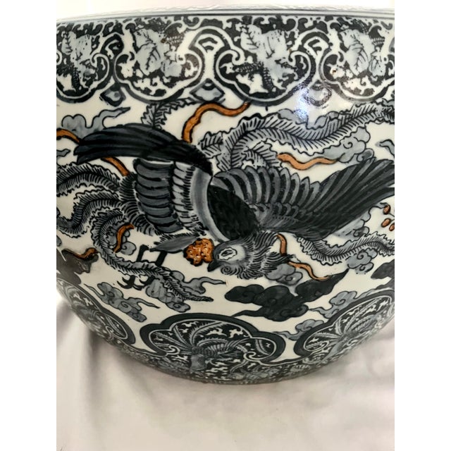 Large 20" Vintage Japanese Blue & White Porcelain Phoenix Jardinière - Signed For Sale - Image 14 of 18