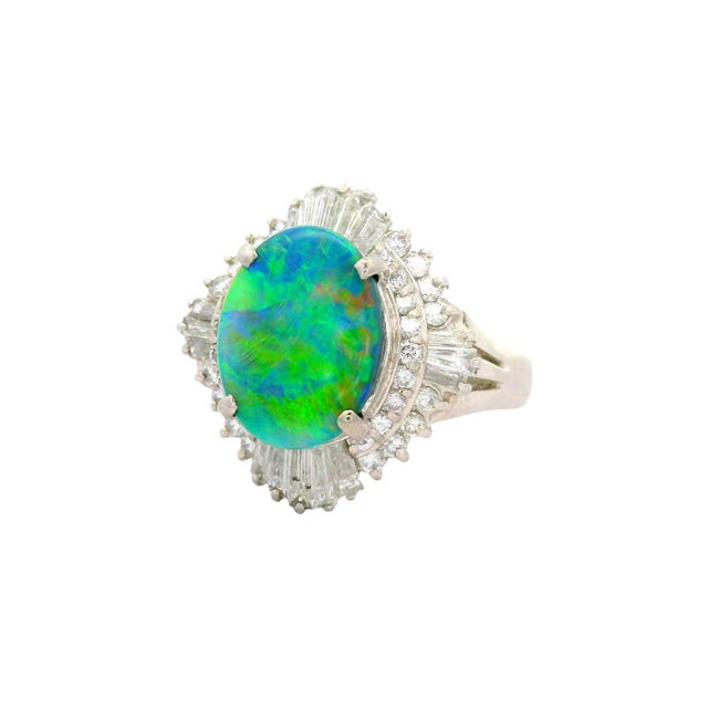 1.75 Carat Australian Black Opal Diamond Platinum Ballerina Ring, Size 6.75 For Sale - Image 4 of 6