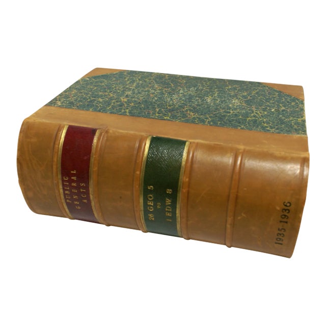 Antique Tan Leather Public General Acts Marble Paper Book London 1935 For Sale