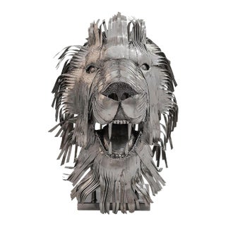 Contemporary Recycled Steel Lion Head Sculpture, Handcrafted, One-of-a-Kind For Sale