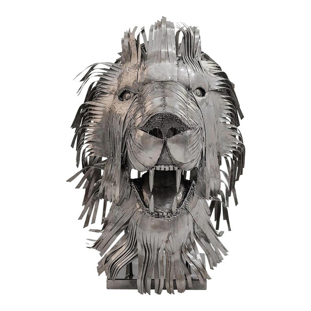 Contemporary Recycled Steel Lion Head Sculpture, Handcrafted, One-of-a-Kind For Sale