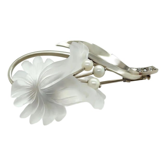 14ct White Gold Austrian Rock Crystal Cultured Pearl and Diamond Floral Brooch 11.93g For Sale