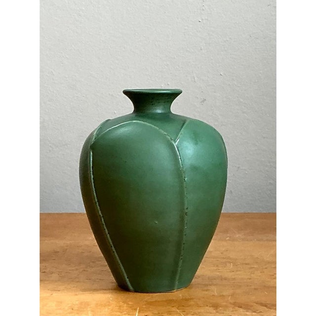 Vintage Geometric Green Ceramic Vase For Sale - Image 10 of 12