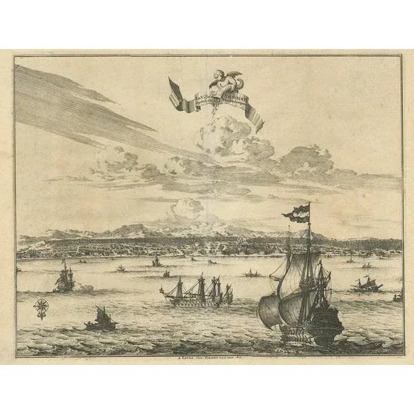 Antique print titled 'Ville d'Amboine, capitale des Iles Molucques.' This view shows Amboina, the capital of the Molucca...