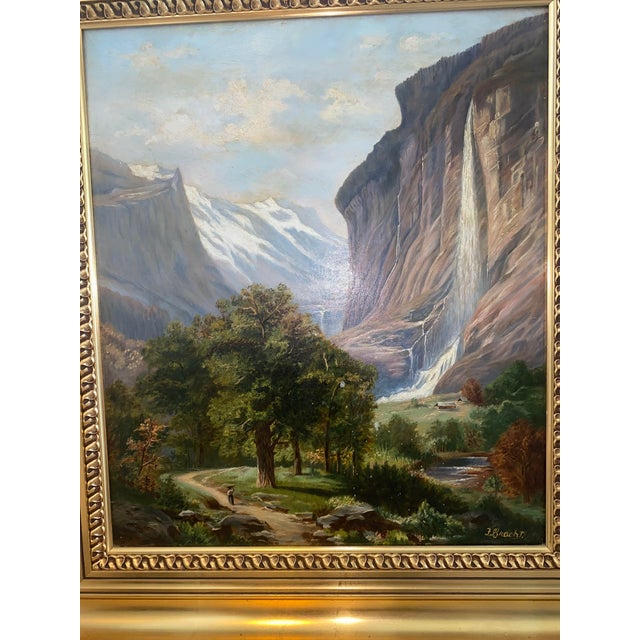 Beautiful large 19th century mountain landscape painting. Oil on canvas measures 18” x 21”. With the fantastic gold gilt...