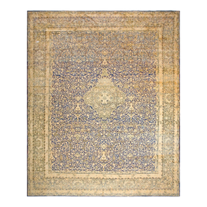 Traditional Floral-Medallion Design on Navy Background and Camel Border Color Antique Persian Kirman Rug