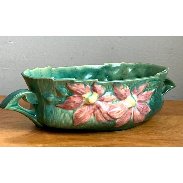 Vintage Roseville Green Clematis Ceramic Bowl For Sale - Image 10 of 12