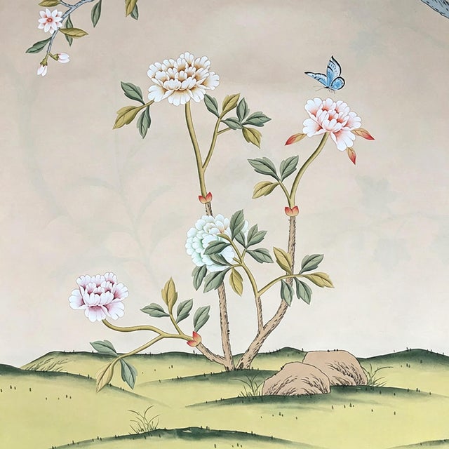 Hand Painted Chinoiserie Wallpaper Mural With Birds and Botanical Branches, Elegant Nature Inspired Wall Art For Sale - Image 6 of 8