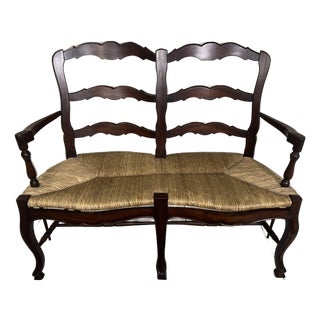 Vintage Indonesian Double Rush Seat Bench in French Country Style For Sale
