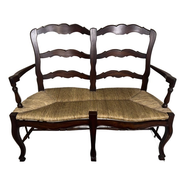 Vintage Indonesian Double Rush Seat Bench in French Country Style For Sale