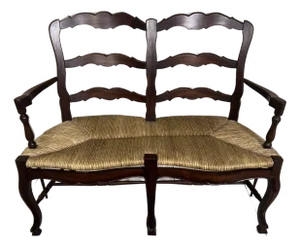 Vintage Indonesian Double Rush Seat Bench in French Country Style