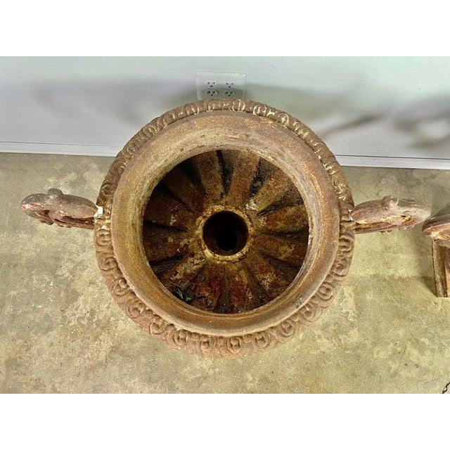 French Provincial Large Pair of Antique Cast Iron Urn Planters, Europe, Early 20th Century For Sale - Image 3 of 16