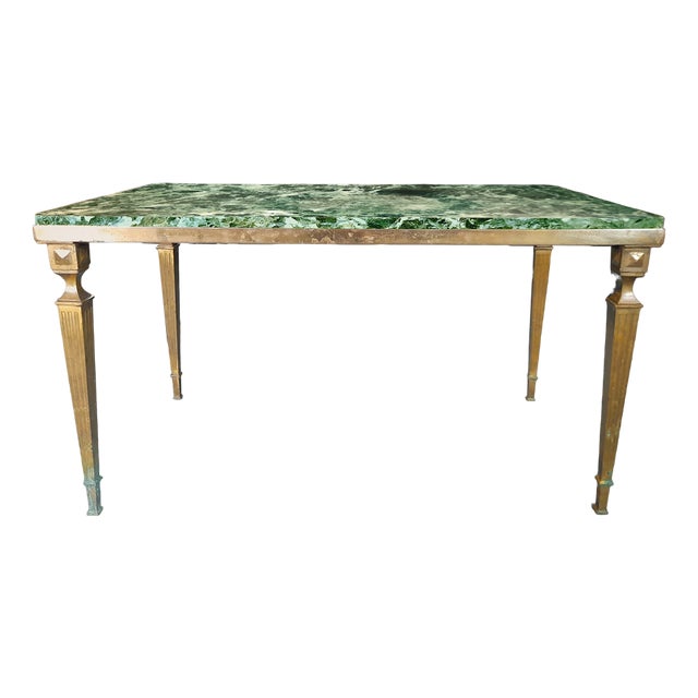Coffee Table in Gilded Bronze and Green Alpine Marble, France, 1950s For Sale