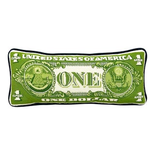 Vintage Hand Sewn Needlepoint Dollar Bill Throw Pillow For Sale
