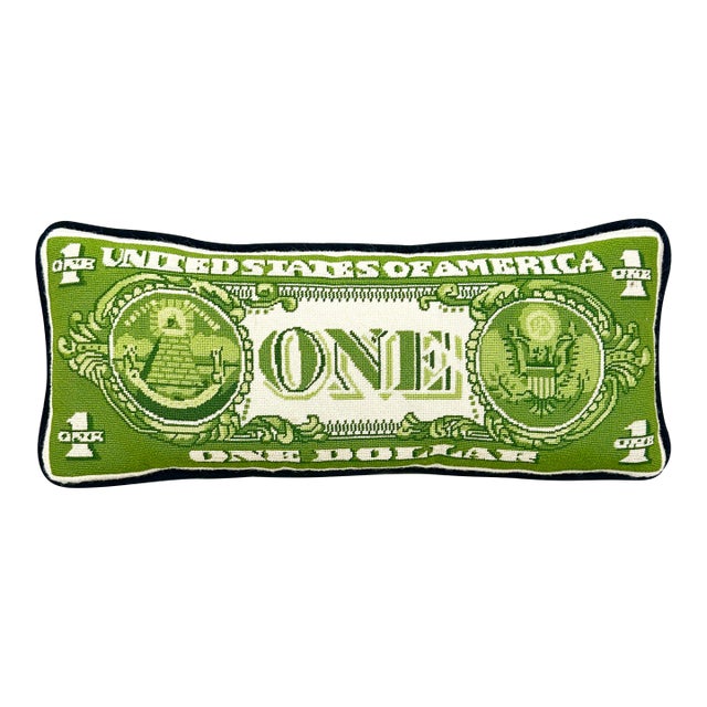 Vintage Hand Sewn Needlepoint Dollar Bill Throw Pillow For Sale