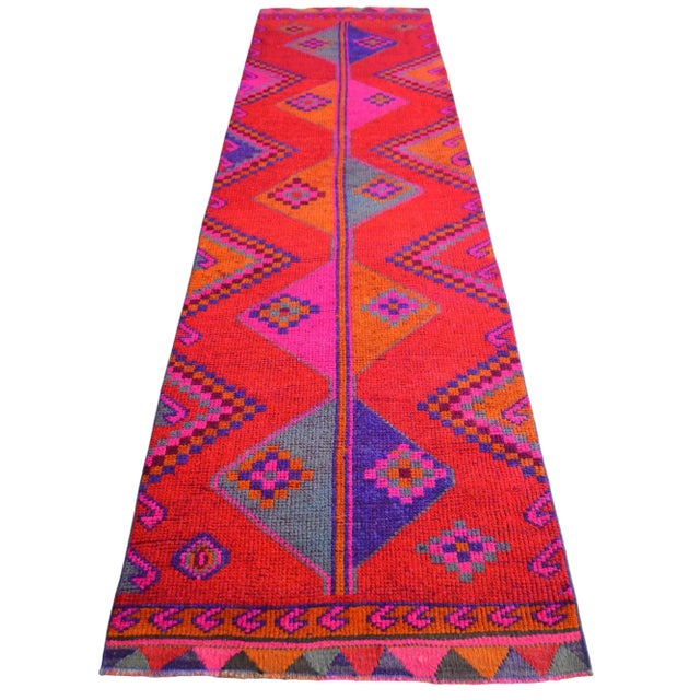 1970s Turkish Hand-Knotted Runner Rug Hot Pink Hallway Deccor - 3′1″ × 11′9″ For Sale - Image 6 of 11
