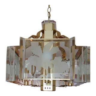 1980s Postmodern Fredrick Ramond Glass Brass Chandelier For Sale