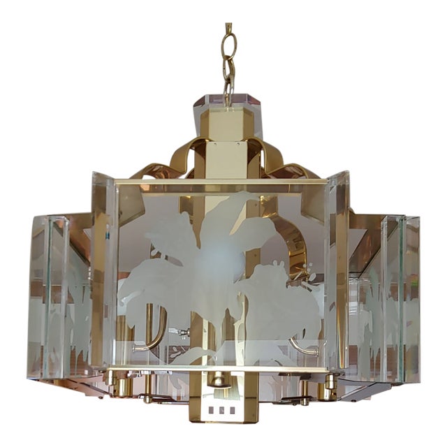 1980s Postmodern Fredrick Ramond Glass Brass Chandelier For Sale
