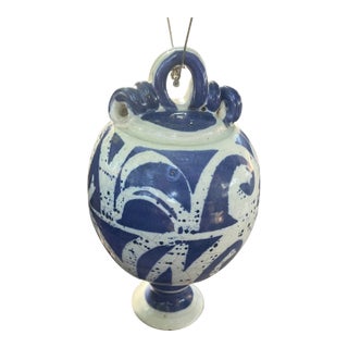 1980s Blue & White Hand Painted Stoneware Studio Pottery Hummingbird Feeder For Sale