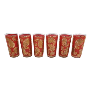 1960s Red & Gold Paisley High Ball Glasses by Culver Ltd.- Set of 6