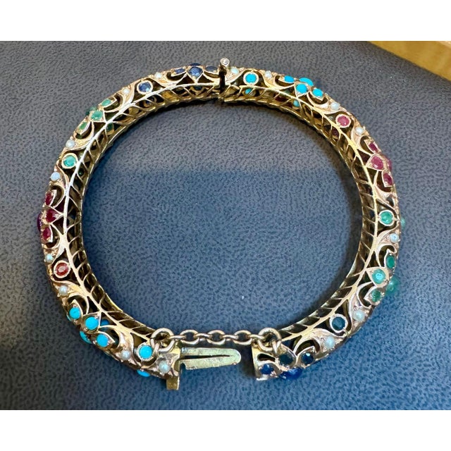 Natural Turquoise Emerald Ruby Sapphire pearl Bangle in 14 Kt Yellow Gold 41 Gm For Sale - Image 17 of 18