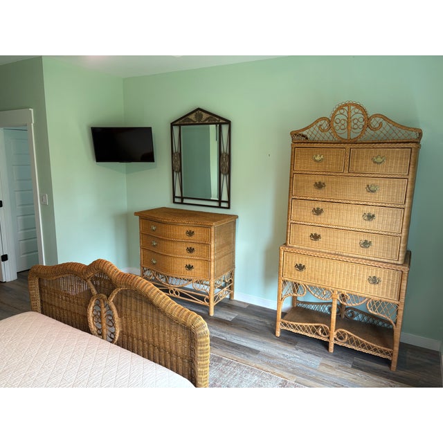 VINTAGE RALPH LAUREN "SAFARI" COLLECTION WICKER BEDROOM SET, BED FRAME AND TWO DRESSERS Set includes queen size bed frame,...