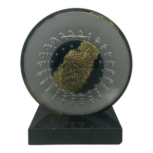 1998 Robert Eickholt Disc-Shaped Gold Purple Green Art Glass Sculpture on Black Marble Base