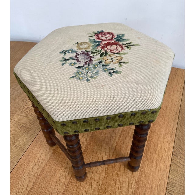 Mid-Century Modern Vintage Mid-Century Footstool With Floral Needlepoint Tapestry For Sale - Image 3 of 8
