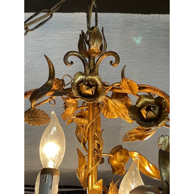 Hollywood Regency Vintage 1960s Italian Mid Century Hollywood Regency Six Light Gilt Floral Chandelier For Sale - Image 3 of 13