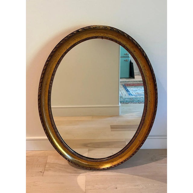 English Elegant Oval Gold Mirror, Hand Carved Wood Details For Sale - Image 3 of 4
