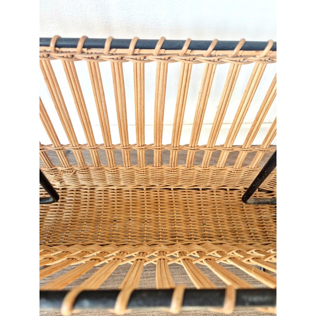 Mid-Century Modern Mid-Century Modern Woven Rattan and Black Wrought Iron Magazine Rack, 1950s For Sale - Image 3 of 12