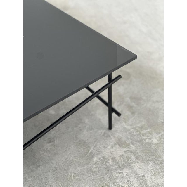 Metal Minimalist Black Glass Coffee Table with Industrial Metal Base For Sale - Image 7 of 11