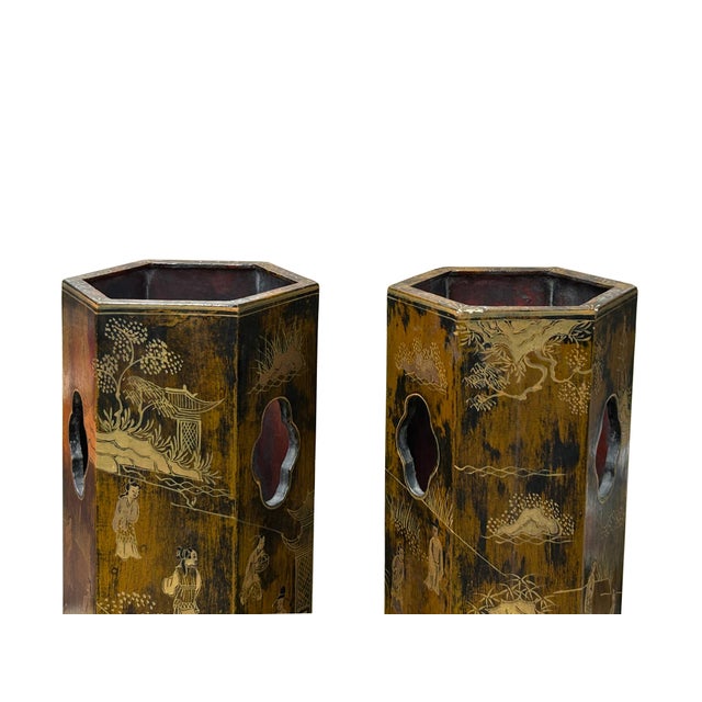 Pair Chinese Matte Gold Scenery Hexagonal Display Wood Brush Pots Vase For Sale - Image 16 of 18