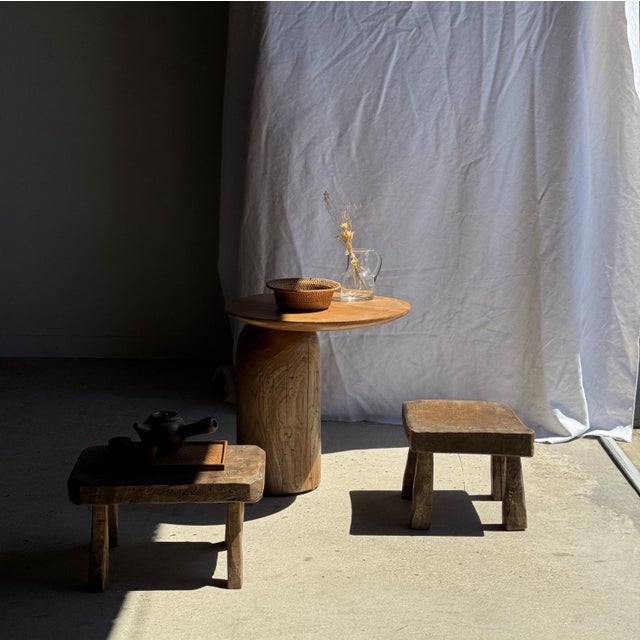 Small stool, rectangular rounded wabi-sabi style side table in solid teak. Minimalist, raw design, a beautiful piece...