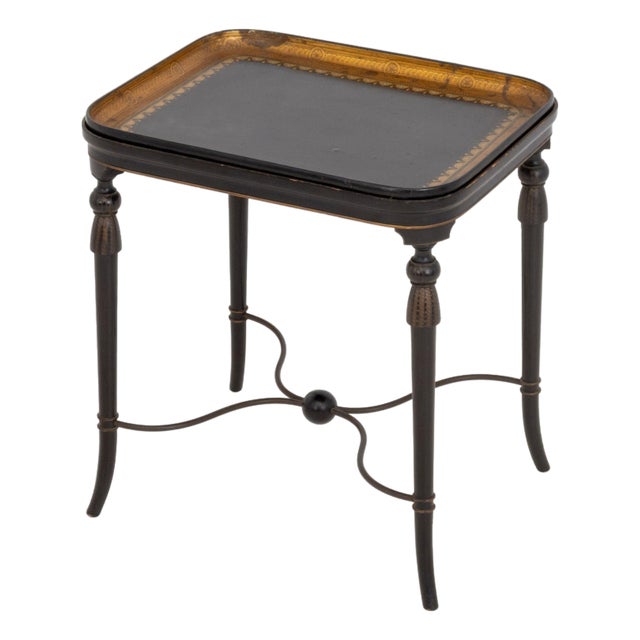 Regency Style Black With Gilt Geometric Design Lacquered Wood Tray Table For Sale
