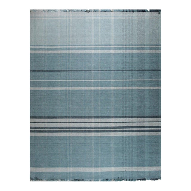 8x10 Opulent Majestic Blue Geometric Modern Flatweave Wool Carpet Rug For Sale