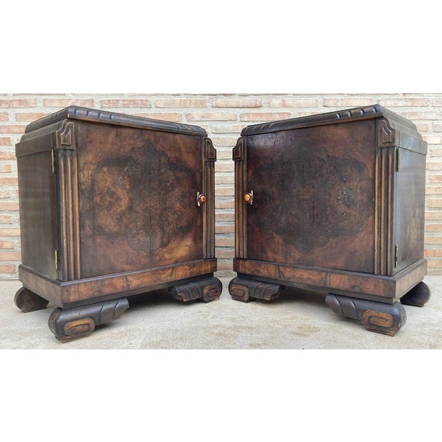 This pair of French Art Deco side cabinets from the circa 1930's could be used to flank a sofa or as nightstands. Each has...
