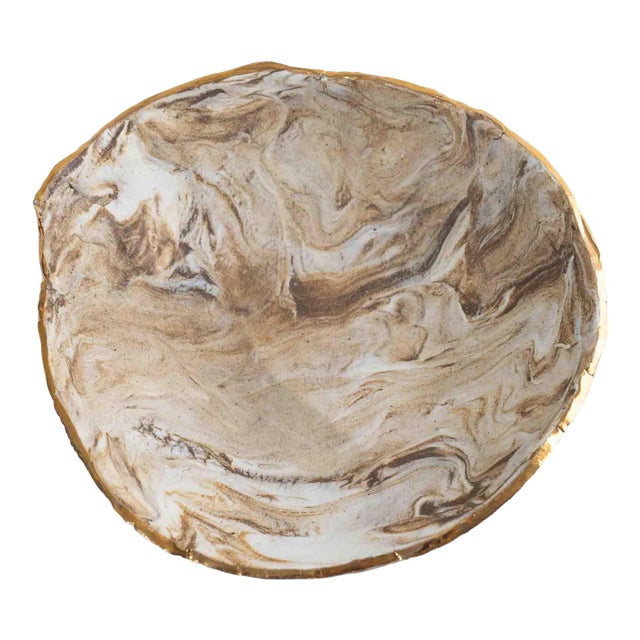 Vintage Tan and Off White Marbled Studio Pottery Bowl For Sale