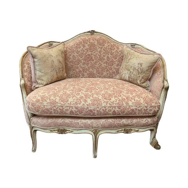 This antique settee was re-upholstered in Lee Jofa Claremont floral damask chenille upholstery fabric in a rose/beige, and...