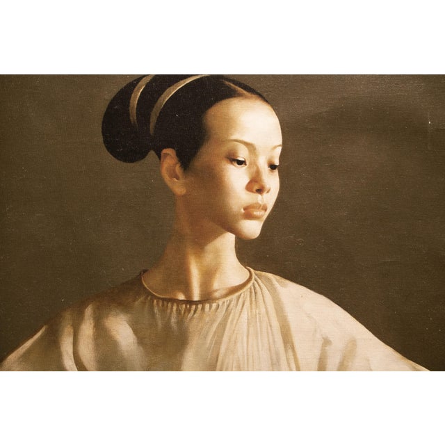 Ecru XL C. 2000s After Lu Jian Jun, Portrait of a Seated Woman, Print on Canvas For Sale - Image 8 of 11