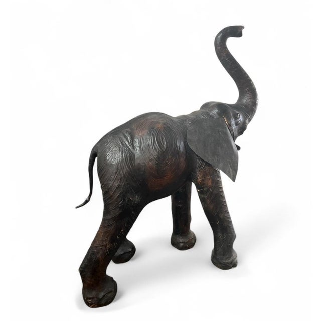 1980s Extra Large Mid-Century Leather-Clad Elephant Statue, Trunk Up for Luck For Sale - Image 5 of 5