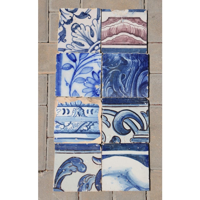 Antique Portuguese Baroque Tiles with Ornamental Scrollwork & Botanical Details, Set of 8 Circa: 18th Century. Country:...