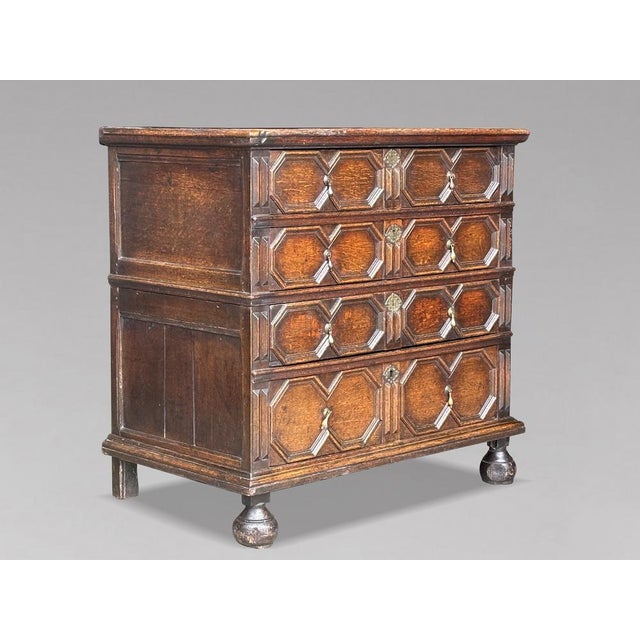 A wonderfully characterful late 17th-century Charles II Jacobean oak geometric chest of drawers, boasting exceptional...