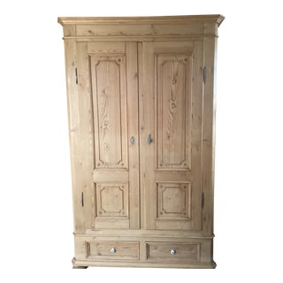 Mid 19th Century Antique European Pine 2 Piece/2 Drawer Armoire With Original Hardware and Key and Built in Closet Rod For Sale
