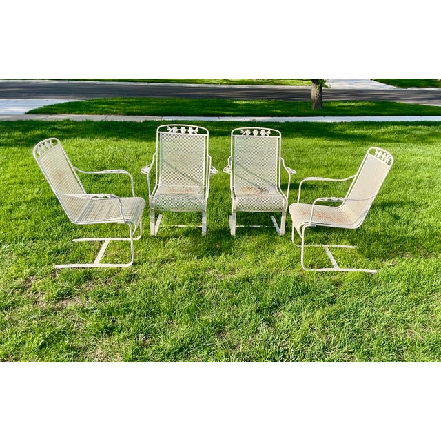 Chairs are Unmarked annd in the style attributed to Woodard Dogwood pattern. Vintage and heavy measurements are 26.5”...
