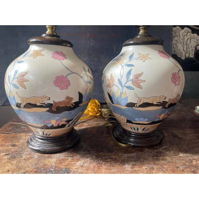 Mid 20th Century Pair of Vintage Naive Hunting Scene Lamps For Sale - Image 10 of 10